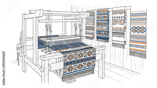 Traditional wooden loom with colorful woven textiles and geometric patterns