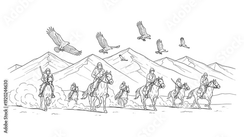 Nomadic horsemen ride through a dusty landscape with eagles soaring above mountains