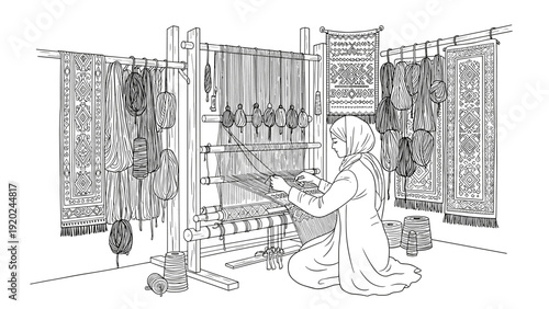 Woman weaving traditional carpet on a wooden loom with colorful threads and finished rugs