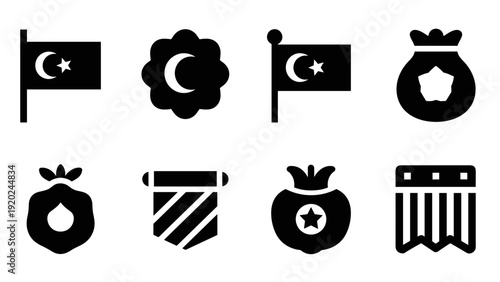 Collection of Islamic cultural symbols and icons including flags, pomegranate, and money bag