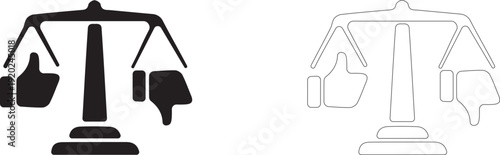 Thumbs up and down at opposite ends of a scale. Vector icon of a weighted rating. Pros and cons sign.