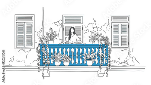 Woman standing on a balcony surrounded by potted plants and shutters