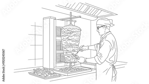 Chef preparing shawarma meat on a vertical rotisserie grill in a restaurant kitchen