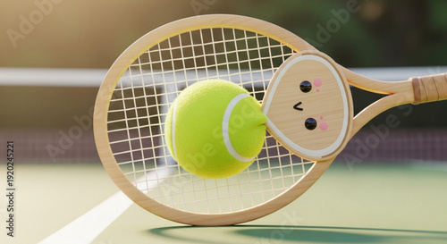 Tennis Racket Hitting Yellow Tennis Ball on Court Close-up