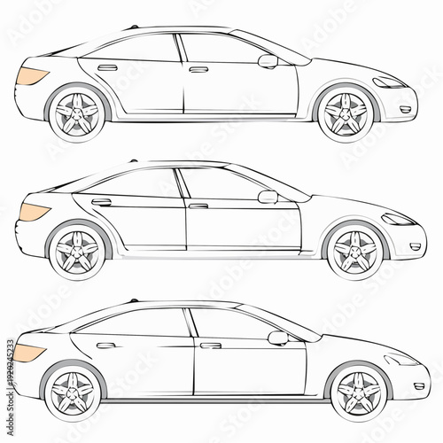 Outline sedan car vector drawing in different point of view