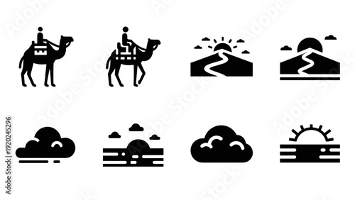 Set of desert and sky icons featuring camels, dunes, and sunrises