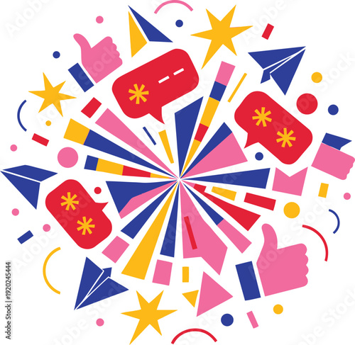Explosion of colorful shapes and social media icons, celebrating success and positive engagement Isolated white background