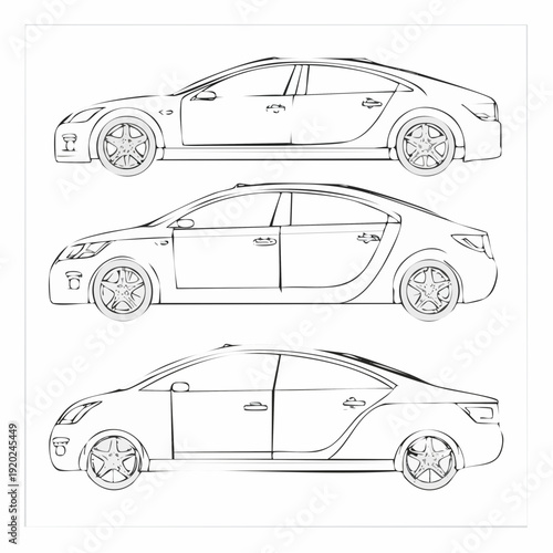 Outline sedan car vector drawing in different point of view