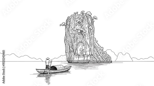 Traditional boat navigates serene waters near a majestic limestone karst island in Asia