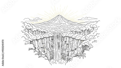 Majestic volcano and lush jungle with a cascading waterfall in a serene landscape