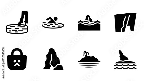 Collection of eight distinct black and white icons representing various natural and man-made elements