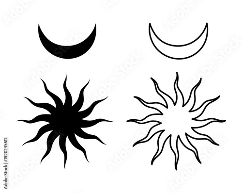 Hand Drawn Sun and Crescent Moon Vector Set, Line Art and Silhouette Celestial Symbols, Minimal Mystical SVG