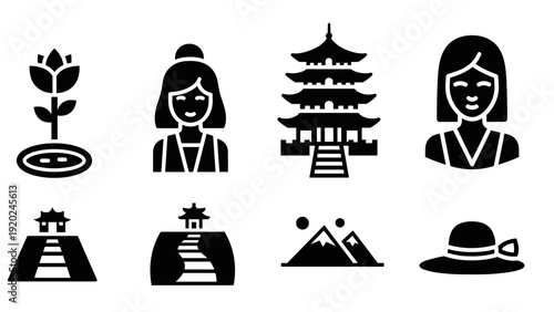 Collection of Japanese cultural icons and symbols in a minimalist black and white style