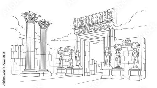 Ancient Greek ruins with columns, statues, and architectural details in a line art style