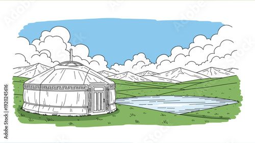 Traditional yurt dwelling on a grassy plain with mountains and a serene lake under a cloudy sky