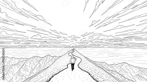 Lone hiker walks a winding path towards the sunrise over a vast mountain range