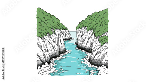 Serene ocean inlet carved between lush green cliffs and rocky shores