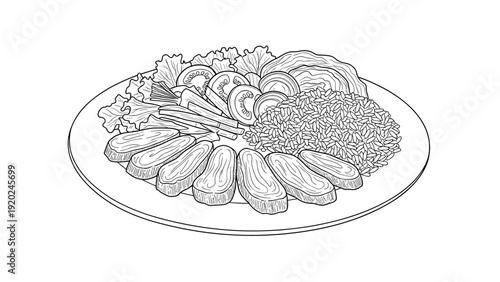 Hand-drawn illustration of a balanced meal with rice, meat, and fresh vegetables on a plate
