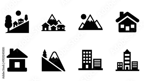 Collection of simple black icons representing houses, mountains, and city buildings