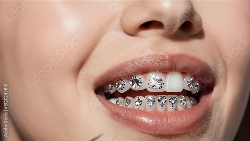 Close-Up of Female with Sparkling Braces and Jewelry on Teeth