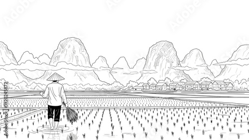 Farmer in conical hat tending rice paddies with karst mountains in background, hand-drawn illustration
