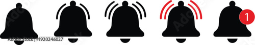 Notification bell icon set. Alarm symbol. Incoming message symbol. Bell for subscribe, alarm and push chat alert. New notification, reminder