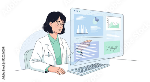Female Scientist Analyzing Data on Computer Screen.