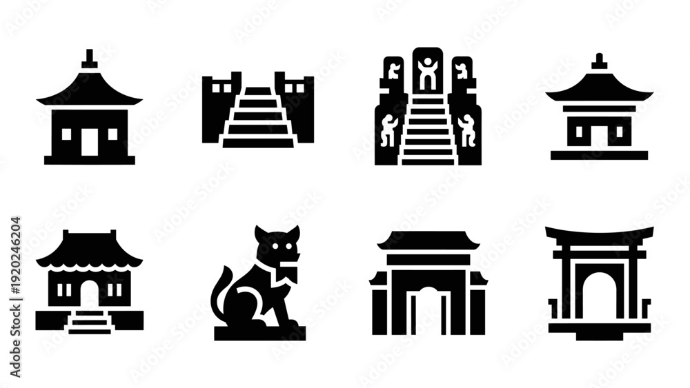 Fototapeta premium Collection of traditional East Asian architectural icons and symbols