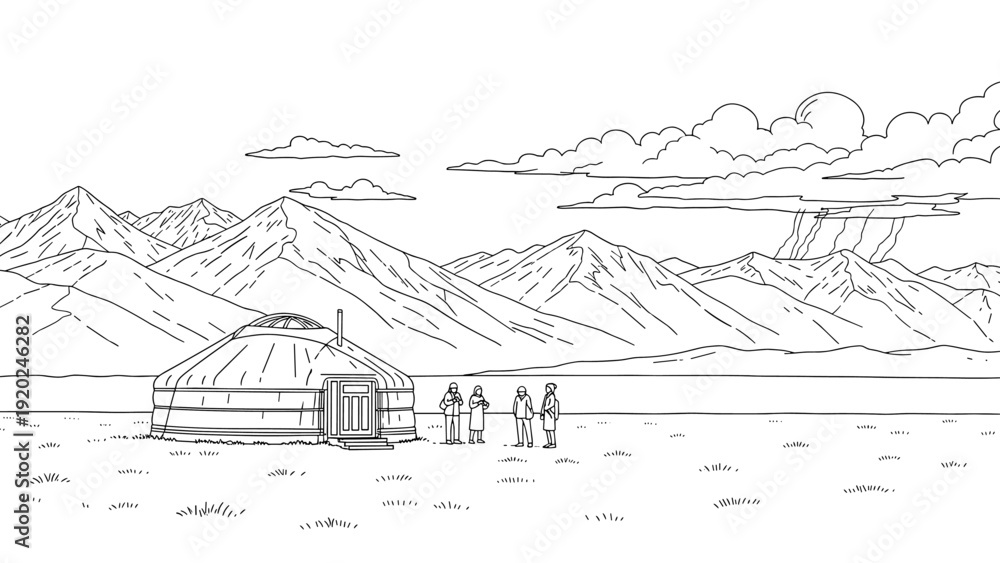 Fototapeta premium Nomadic dwelling in a vast mountain landscape with a group of people standing outside