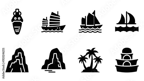 Collection of travel and nautical icons including ships, islands, and landmarks