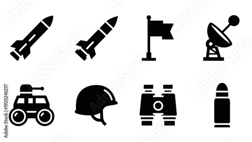 Collection of military and defense icons including rockets, a flag, and a satellite dish