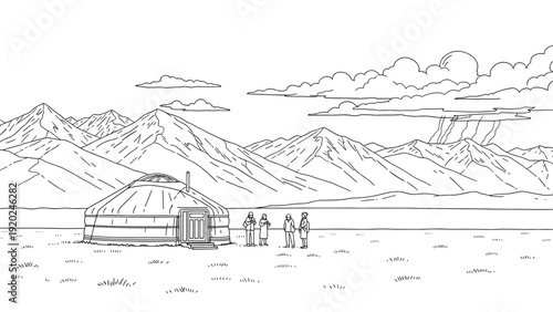 Nomadic dwelling in a vast mountain landscape with a group of people standing outside
