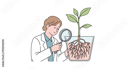 Scientist Examining Plant Roots with Magnifying Glass.