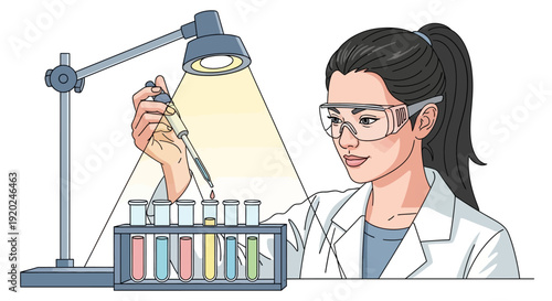 Female Scientist Conducting Laboratory Experiment with Test Tubes.