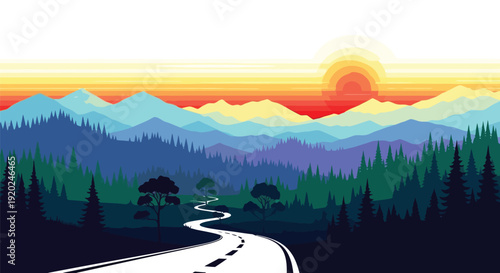 A winding road leads toward distant mountains under a vibrant sunset
