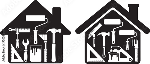 House Icons Filled with Tools: Renovation, Construction, and Home Improvement Concept