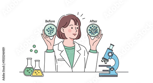Scientist holding petri dishes before and after experiment.