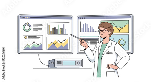 Scientist Analyzing Data on Computer Screens.