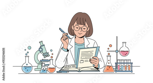 Female Scientist Examining Specimen with Microscope.