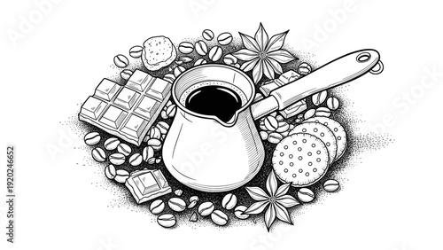 Hand-drawn illustration of coffee, chocolate, cookies, and star anise for a delightful treat