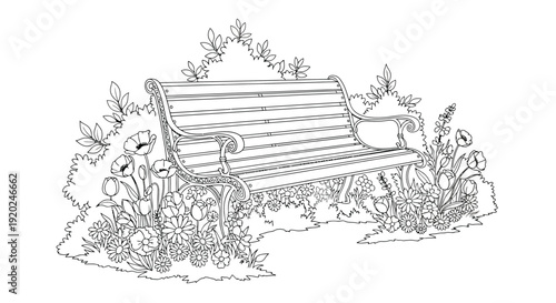 A detailed line drawing of a park bench surrounded by foliage
