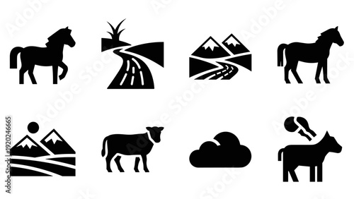 Collection of simple black icons representing rural and natural elements