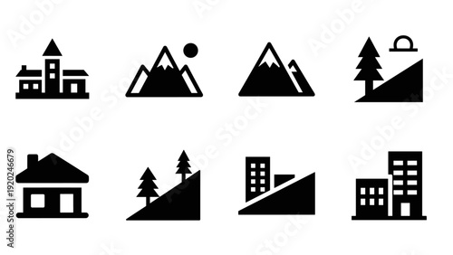 Collection of simple black icons representing different landscapes and buildings