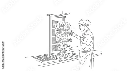 Chef preparing a large vertical rotisserie of meat for shawarma or doner kebab