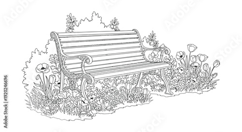 A detailed line drawing depicts a park bench surrounded by flowers