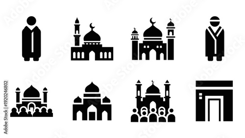 Collection of Islamic symbols including mosques, Kaaba, and people praying
