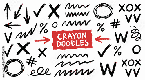 Crayon Doodle Annotation Icons Vector – Hand-Drawn Arrows, Symbols, Scribbles, and Marks in Black for Emphasis, Editing, and Creative Design Projects