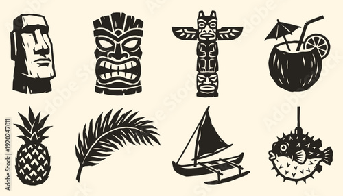 Tropical Island & Polynesian Icons Vector Set