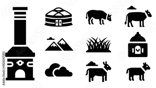 Collection of black icons representing nomadic life and rural elements