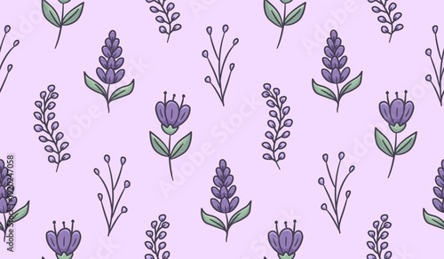 Cute lavender flower doodle background. Spring floral pattern background. Lilac flower and leaves seamless pattern for textile. Hand drawn lavender flower and leaf line art illustration.